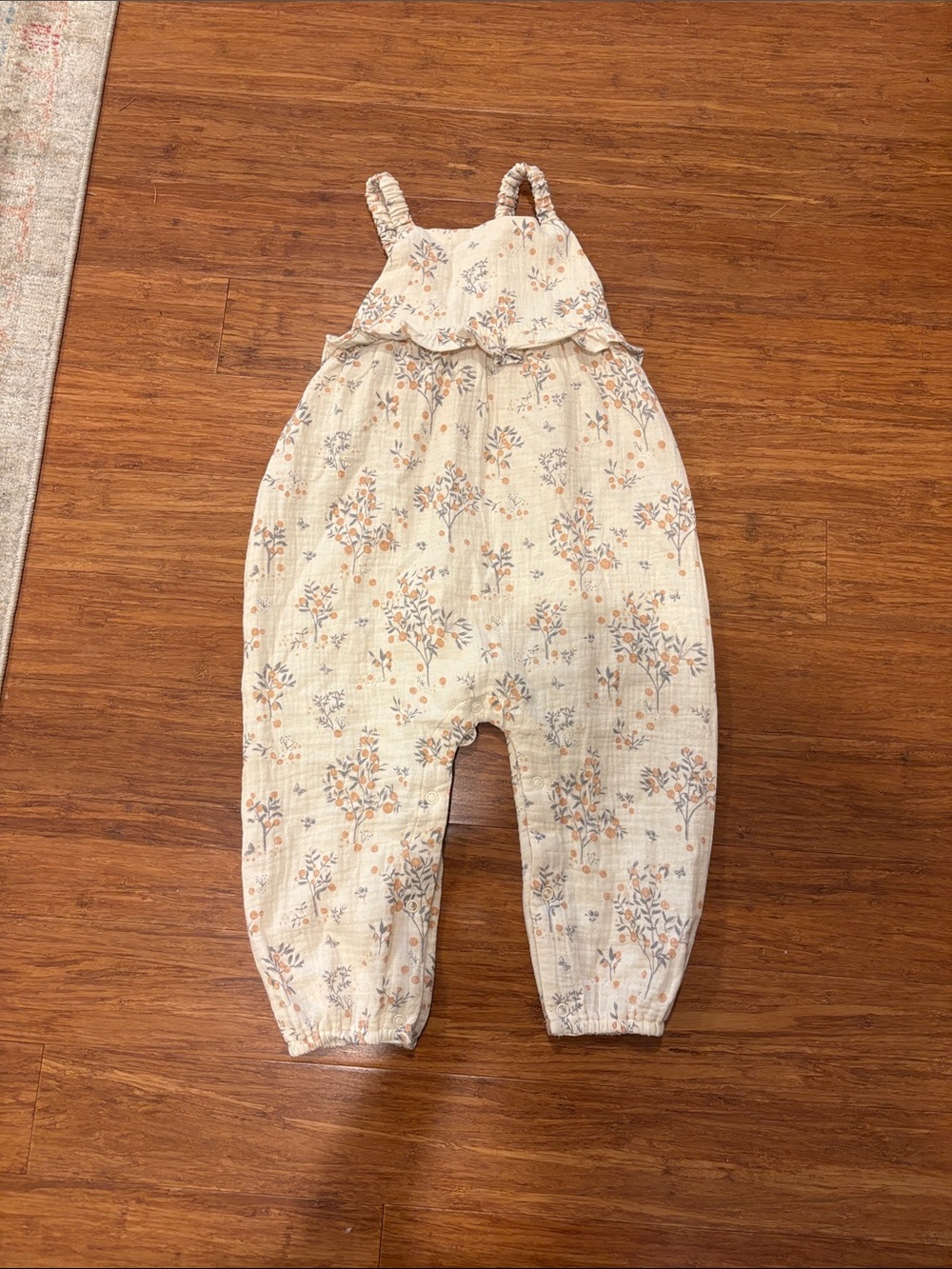 Rylee + Cru Cream Floral Cotton Overalls with Orange and Gray Accents